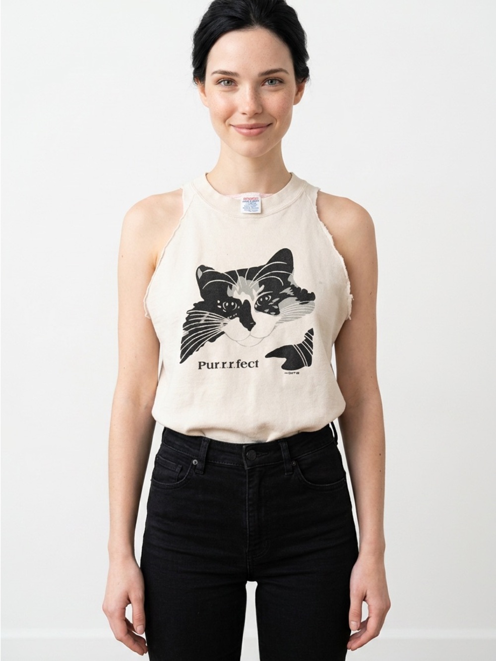 Vintage 1988 Jerzees Cat Sweatshirt Muscle Tee Off White‎ Sleeveless L Purrrfect